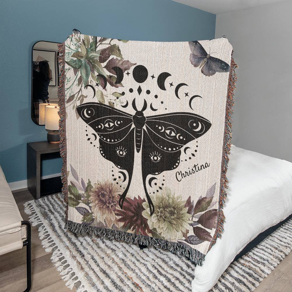 Personalized Luna Moth with Moon Phases | Heirloom Woven Blanket