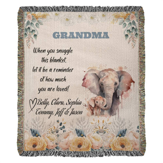 Custom Woven Elephant Snuggle Blanket | Personalize Top and Signatures